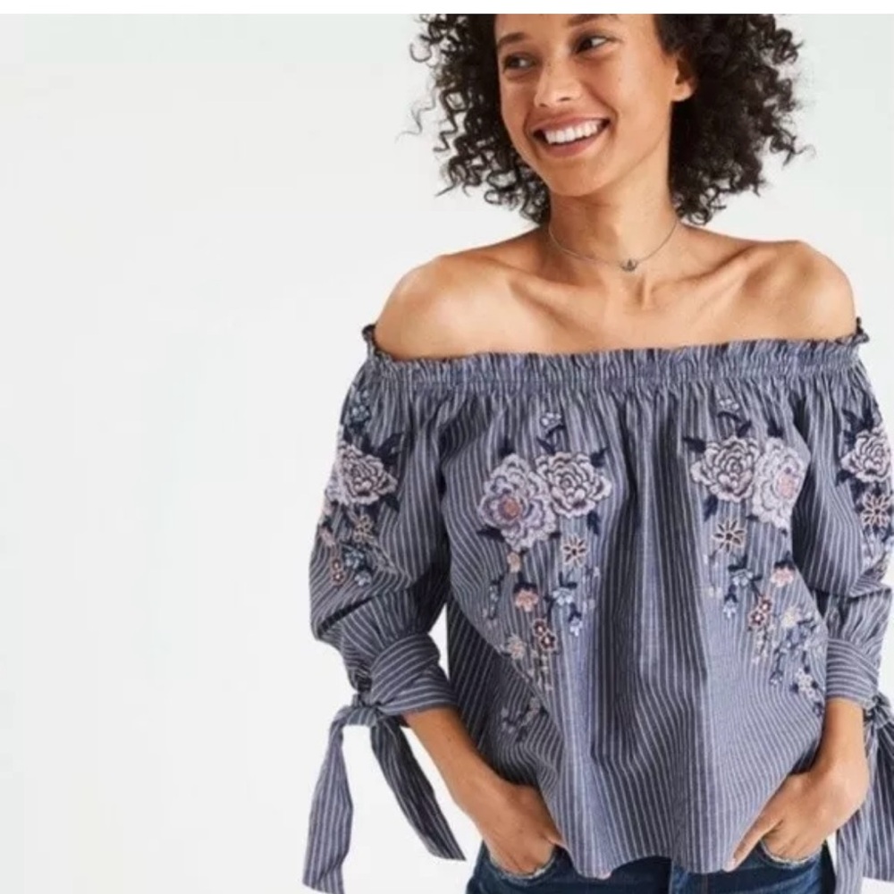 American Eagle Off The Shoulder Floral Embroidered Pinstripe Blouse - Size Large